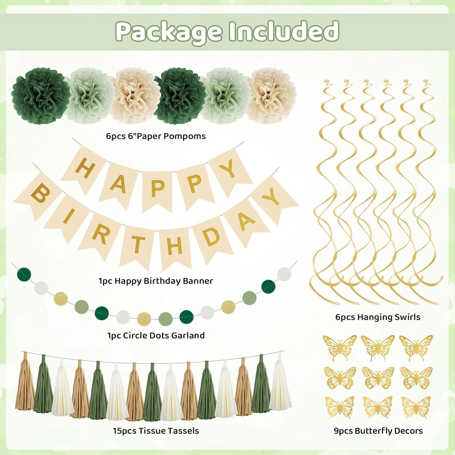 Sage Green Birthday Balloon Arch Kit, Olive Gold Banner, Fringe Curtain Party Supplies