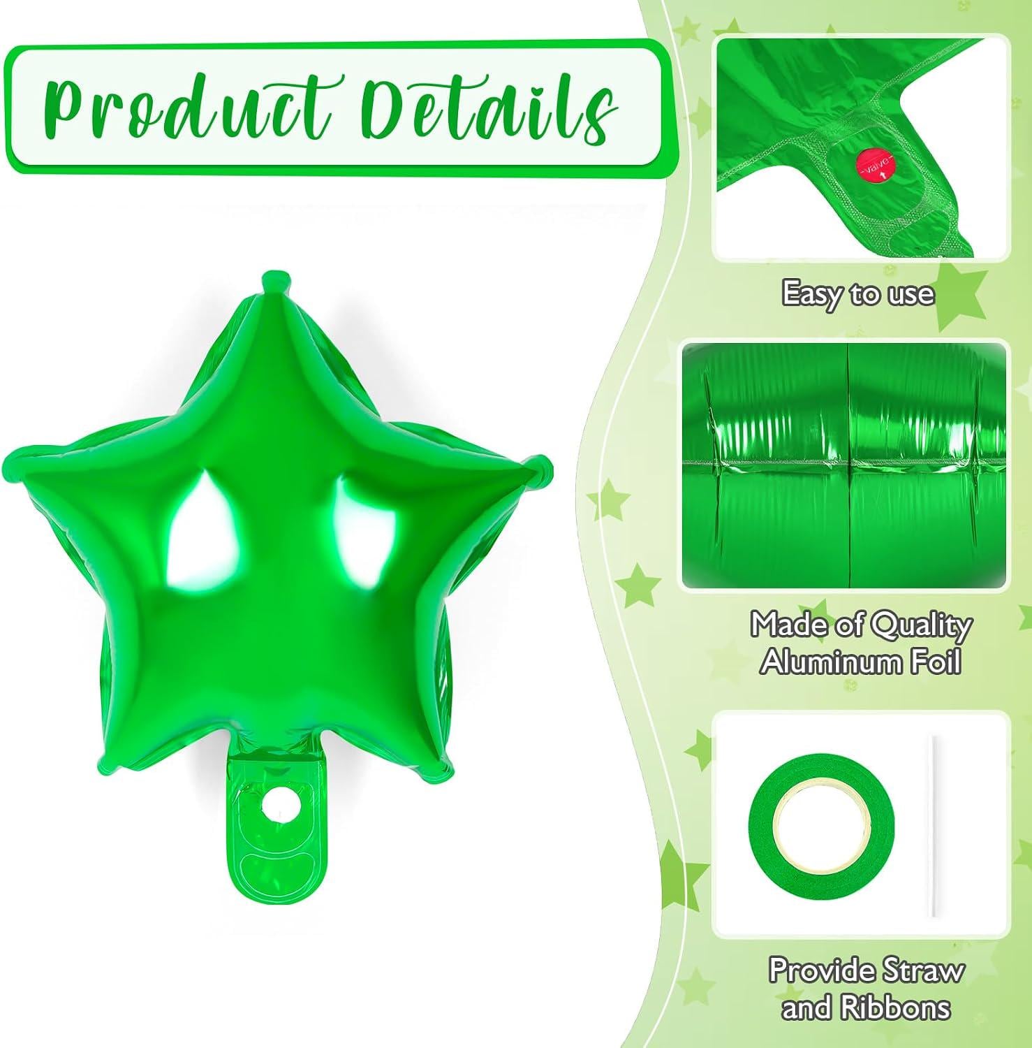 50Pcs Green Star Foil Balloons, 10 Inch Mylar Helium Party Decorations
