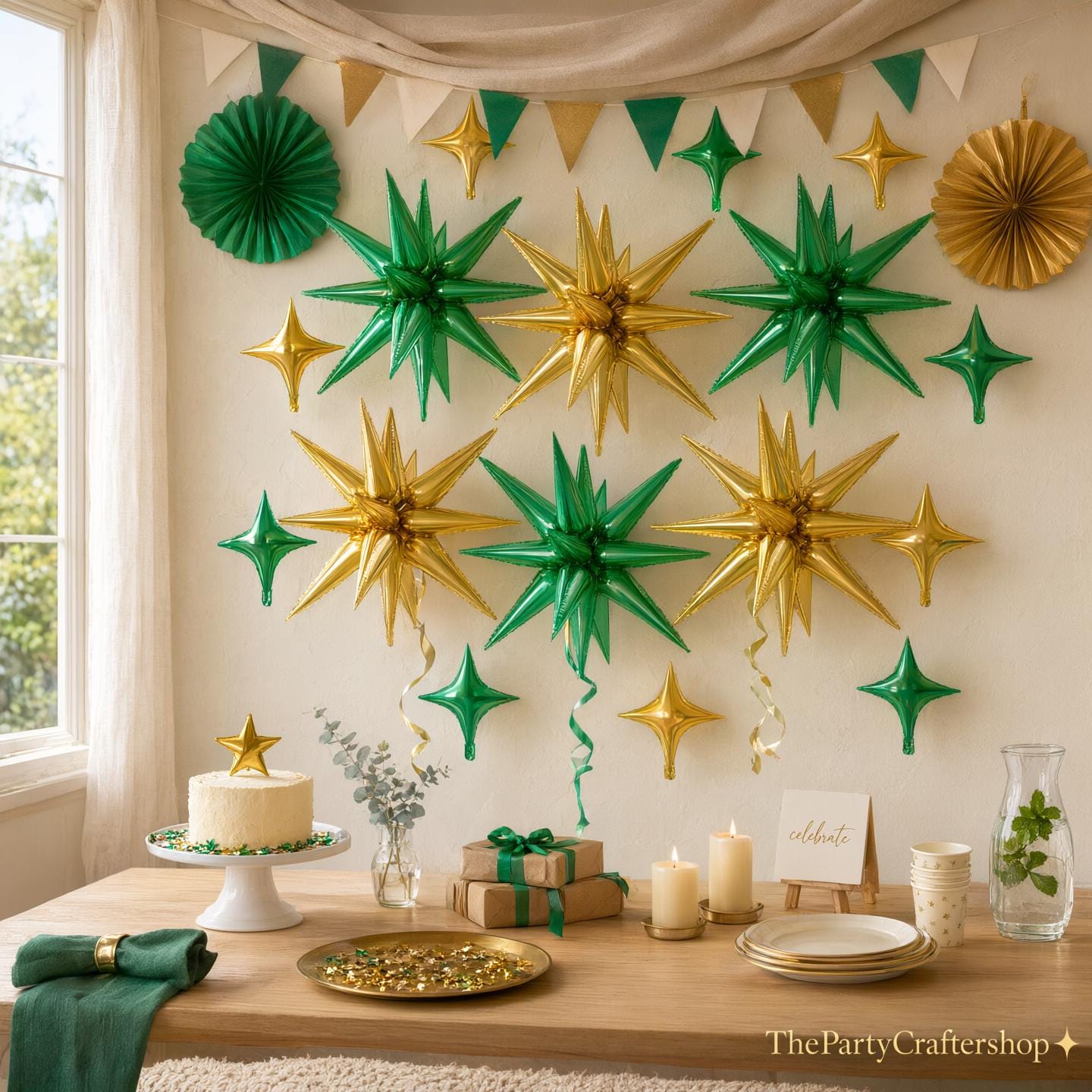 18Pcs Green Gold Star Balloon Set, 22 Inch Explosion Star Foil Balloons, Disco Birthday Party Decor