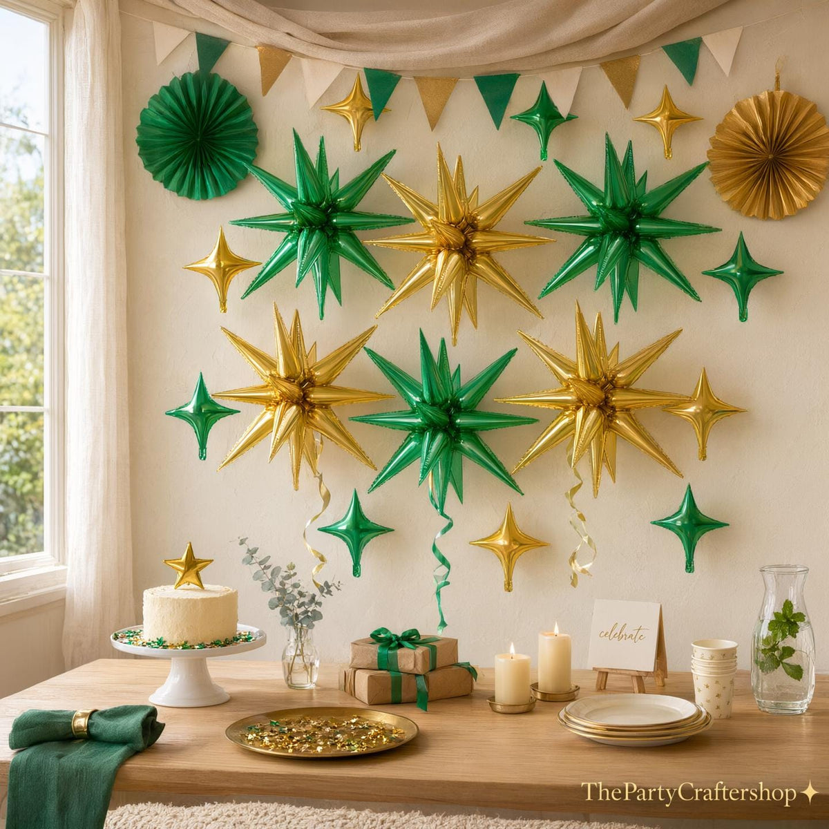 18Pcs Green Gold Star Balloon Set, 22 Inch Explosion Star Foil Balloons, Disco Birthday Party Decor