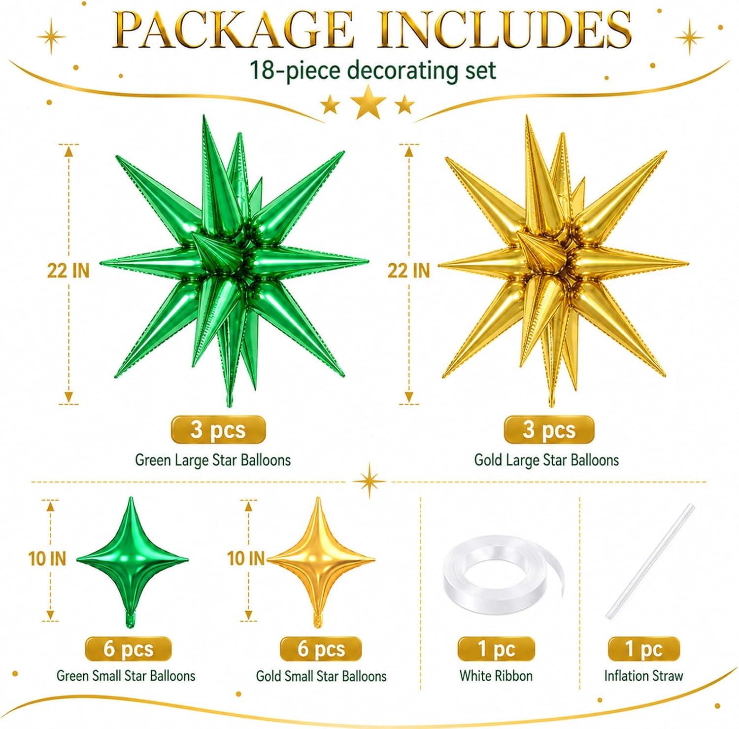 18Pcs Green Gold Star Balloon Set, 22 Inch Explosion Star Foil Balloons, Disco Birthday Party Decor