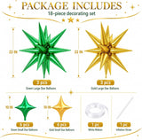 18Pcs Green Gold Star Balloon Set, 22 Inch Explosion Star Foil Balloons, Disco Birthday Party Decor