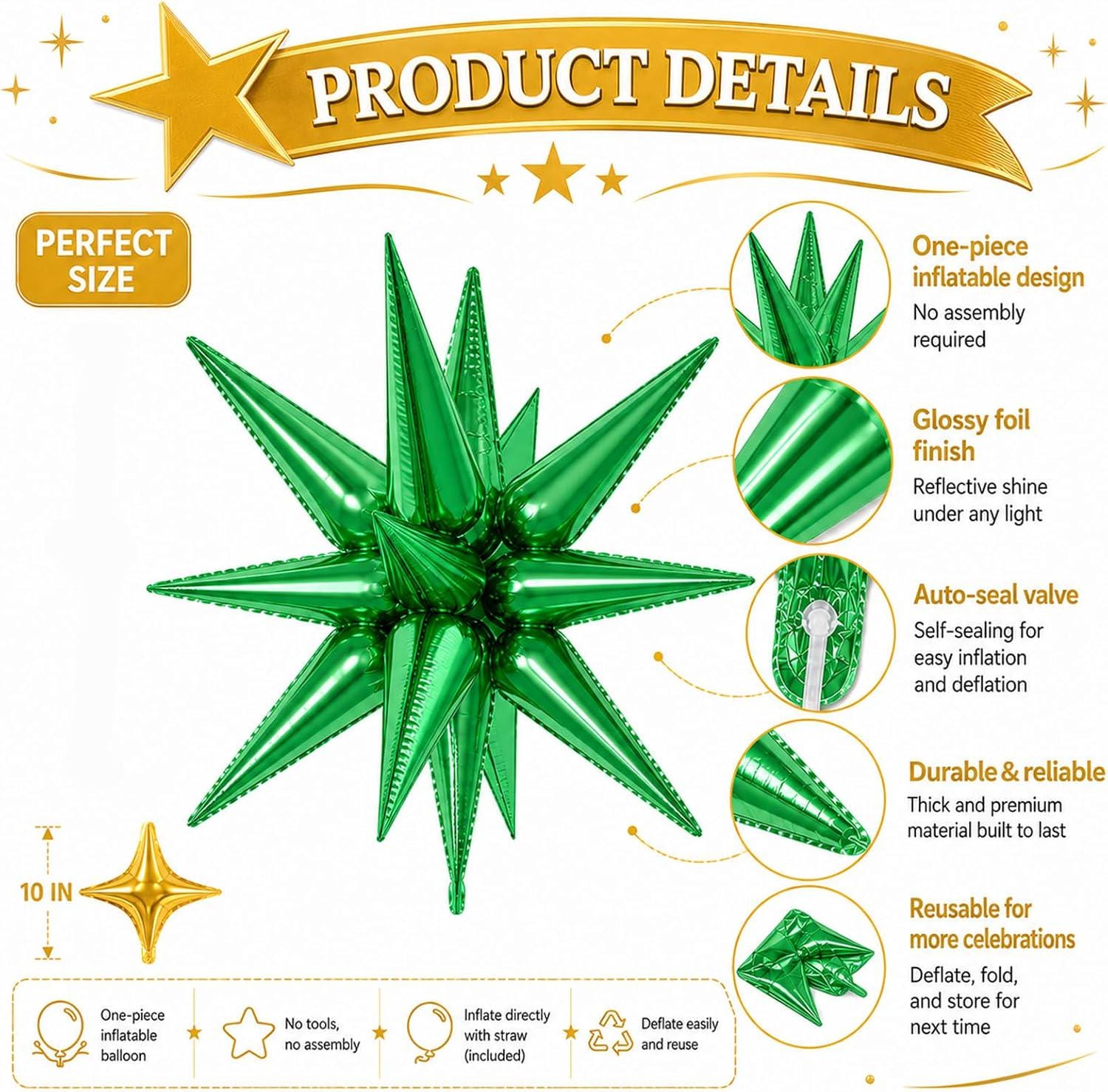 18Pcs Green Gold Star Balloon Set, 22 Inch Explosion Star Foil Balloons, Disco Birthday Party Decor