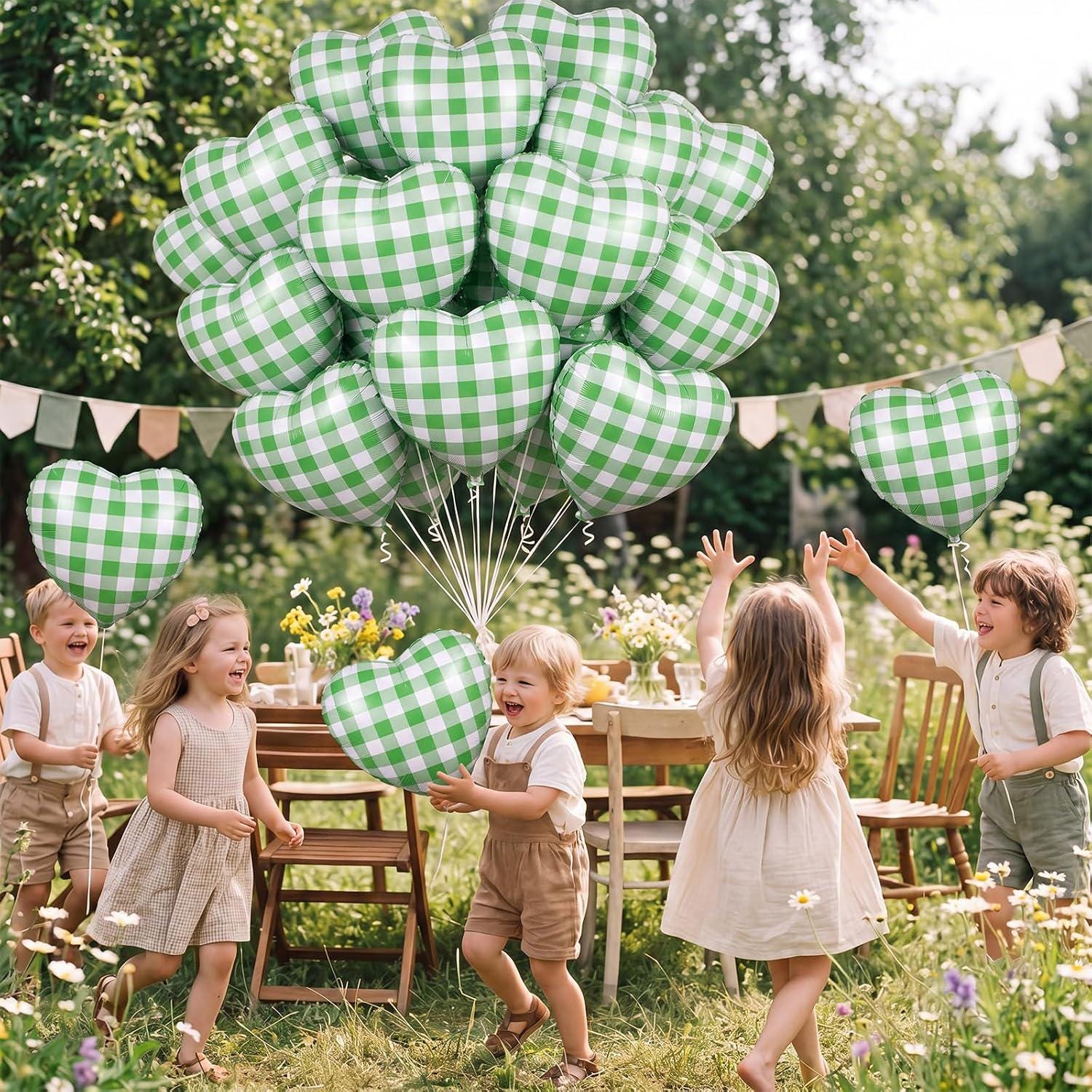 Sage Green Gingham Heart Foil Balloons, 18 Inch Checked Party Decor