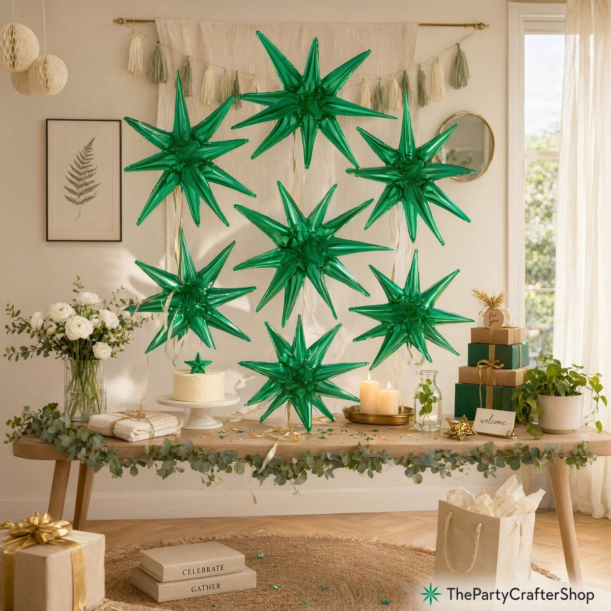 7Pcs Green Explosion Star Foil Balloons, 12 Point Star Burst Mylar Balloons, Birthday Wedding Party Decor