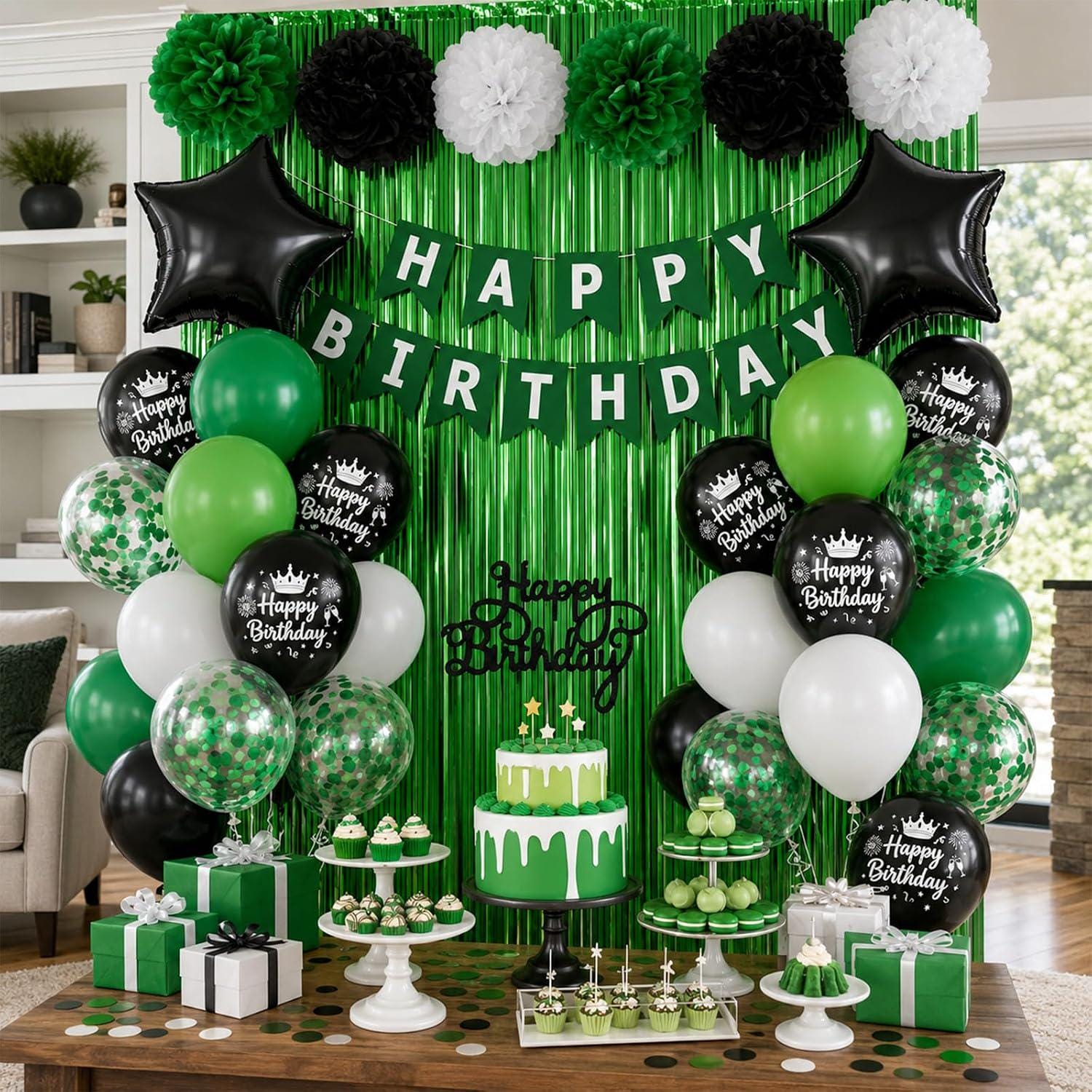 Green Black Birthday Party Decor Kit, Balloons, Fringe Curtain, Banner, Stars