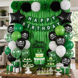 Green Black Birthday Party Decor Kit, Balloons, Fringe Curtain, Banner, Stars