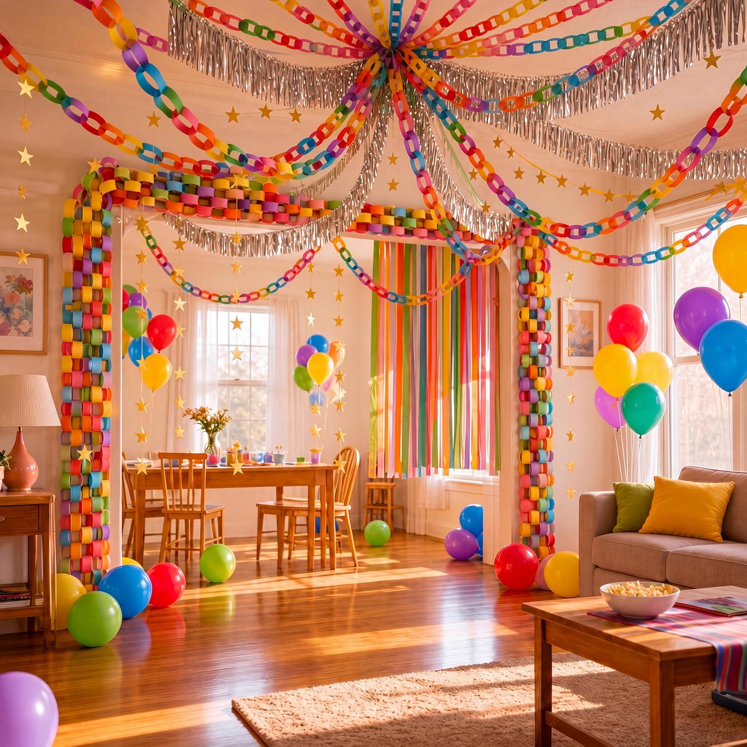 Rainbow Party Decoration Kit, Paper Chains, Silver Fringe, Gold Star Garland