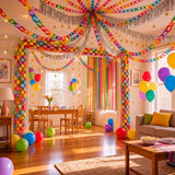 Rainbow Party Decoration Kit, Paper Chains, Silver Fringe, Gold Star Garland