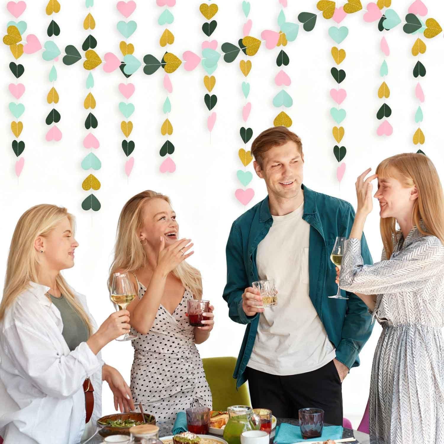 4Pack 52Ft Heart Streamers Garland, Paper Heart Hanging Banner, Wedding Birthday Party Decoration