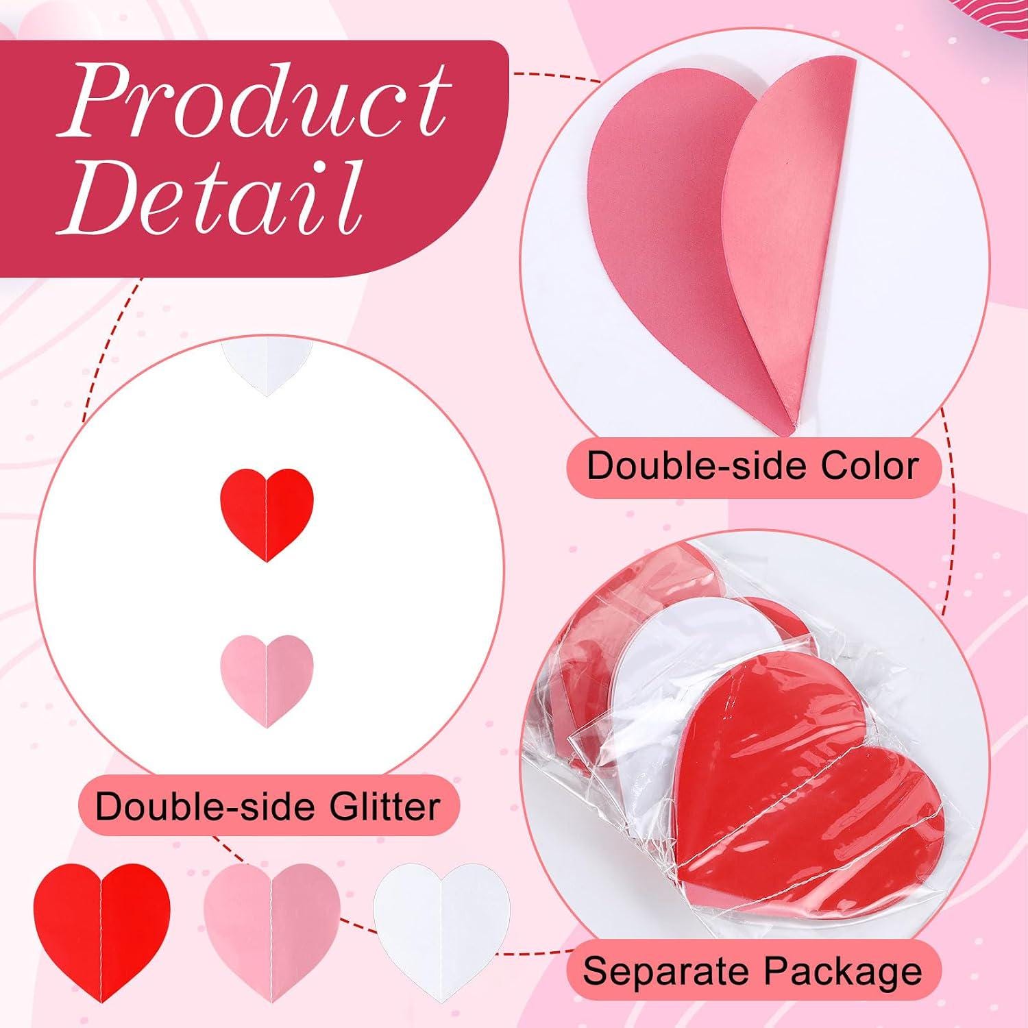 15Pcs Valentine Heart Garland Banner, Red Pink Hanging String Hearts, Wedding Engagement Party Decor