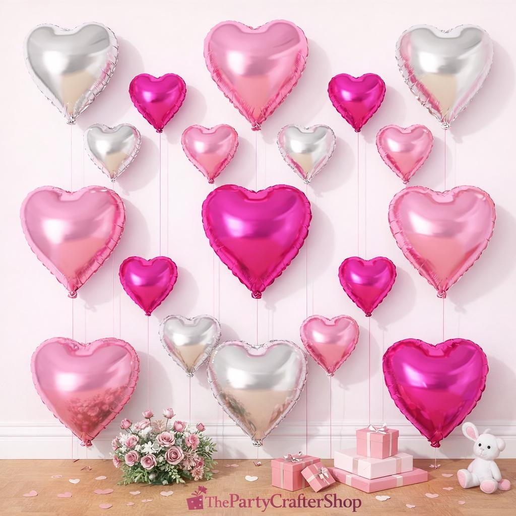 Pink Silver Heart Foil Balloons, 18 Inch Mylar Love Party Decor