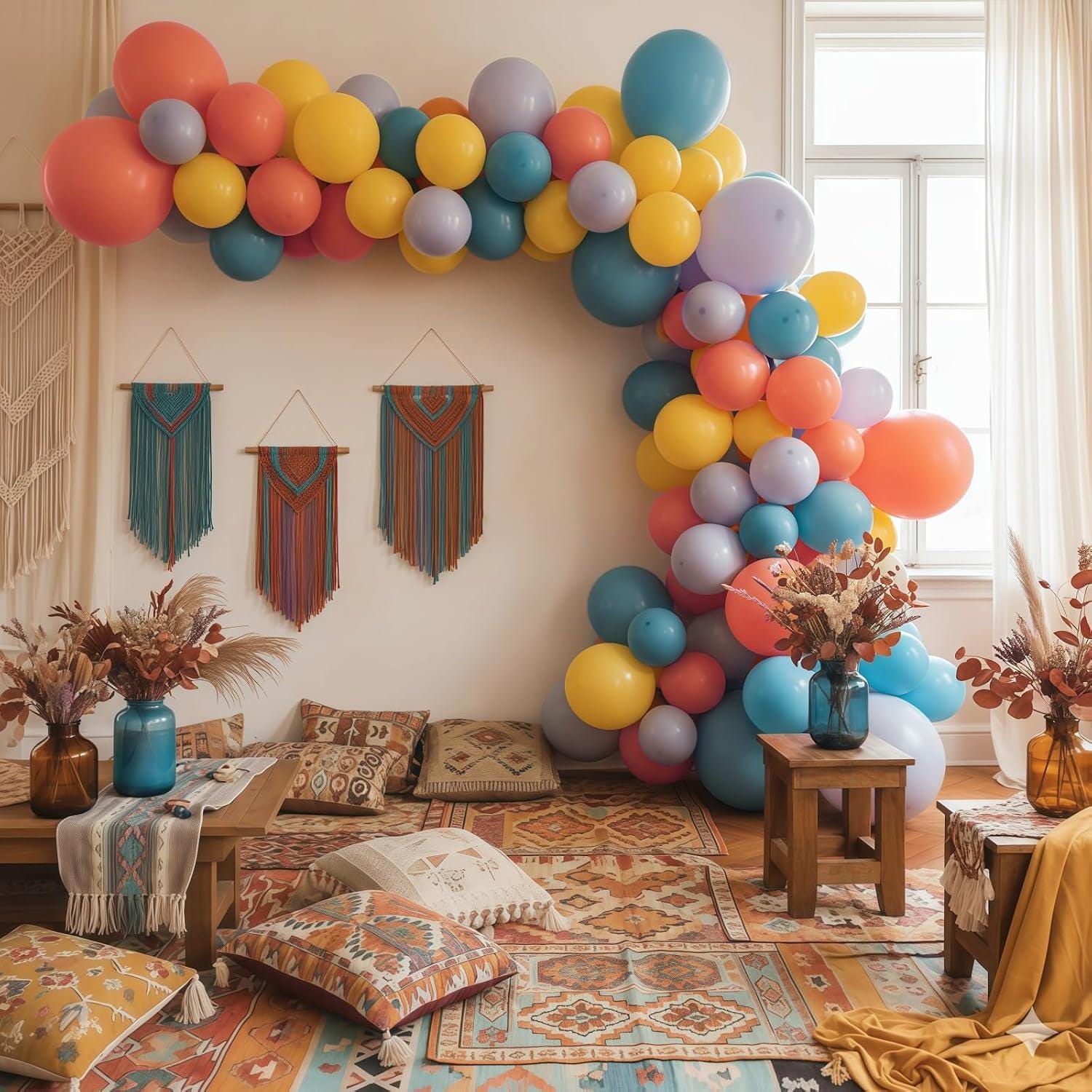 Retro Rainbow Balloon Set, Dusty Orange, Blue, Yellow, Lavender Party Decor
