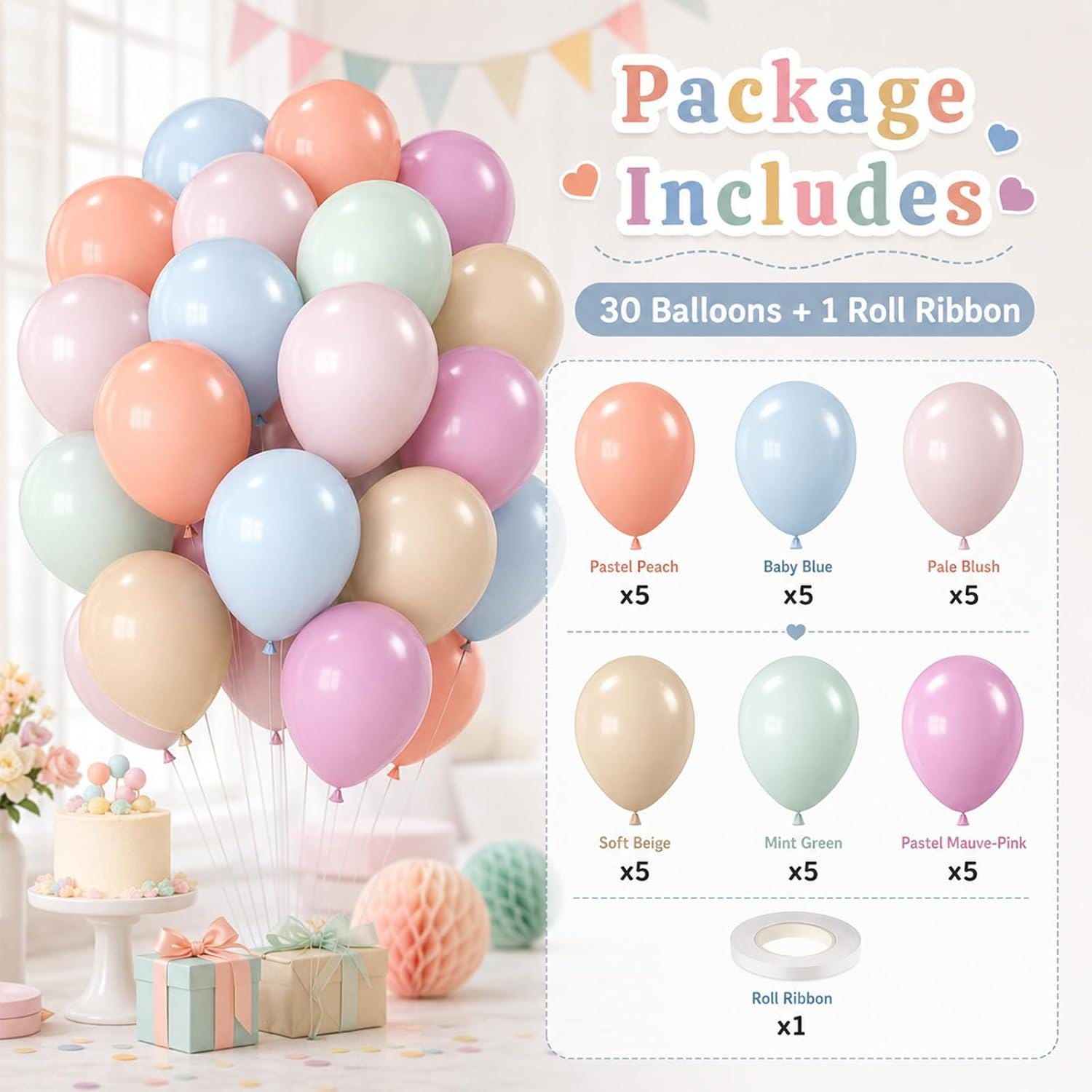 Pastel Retro Latex Balloons, 12 Inch Party Decoration, Blue Purple Green Pink Beige