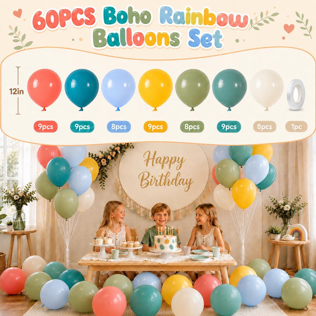 Boho Rainbow Balloon Set, Retro Blue Orange Yellow Olive Green Party Decor