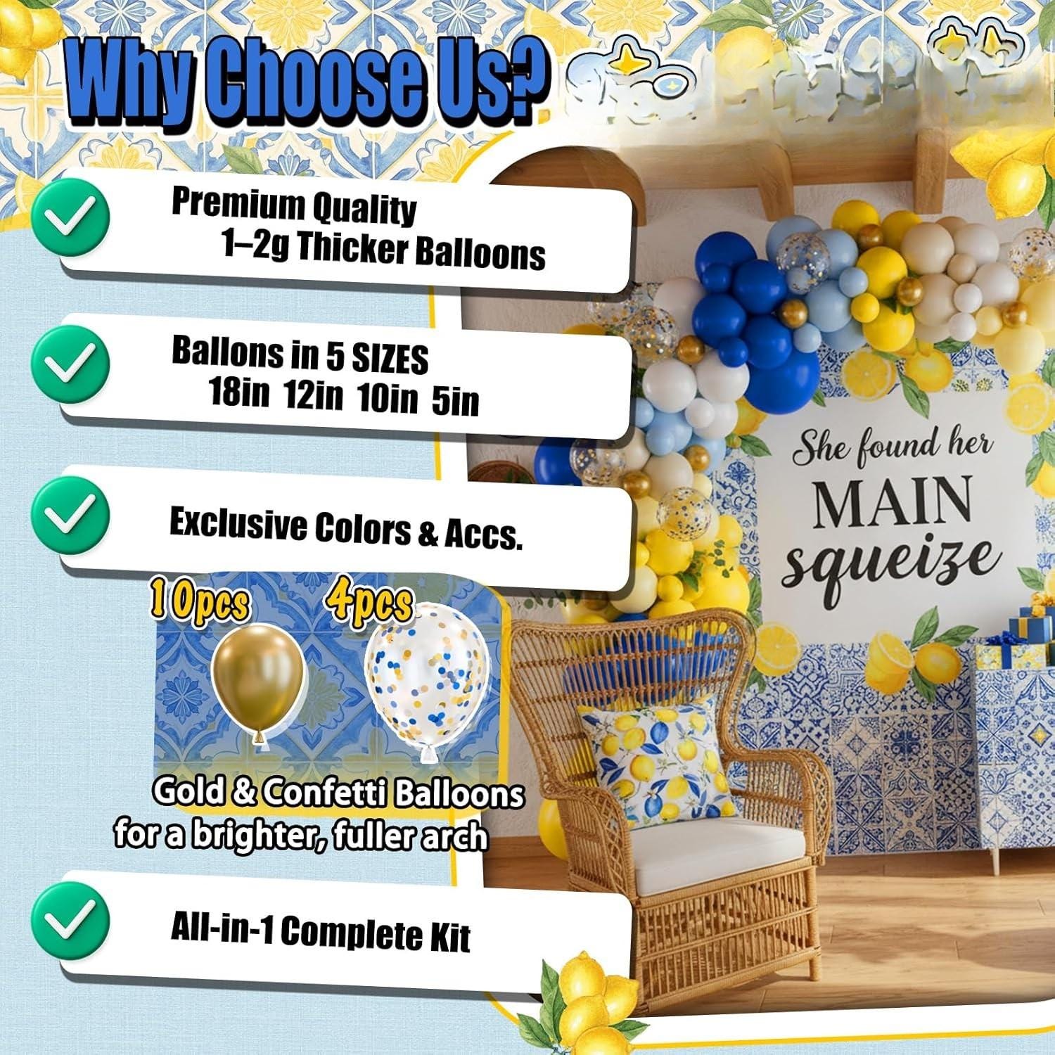 Royal Blue Yellow Lemon Balloon Arch Kit | Amalfi Coast Summer Party Decor