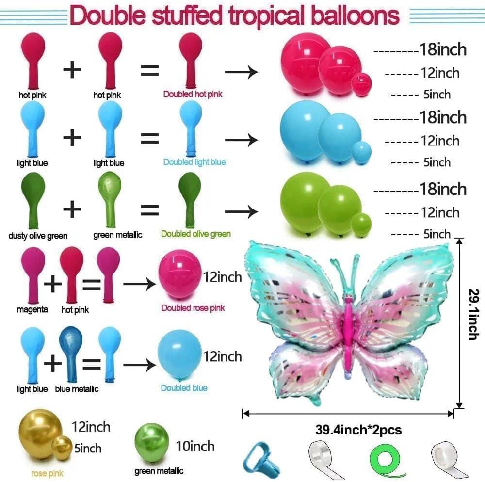 Tropical Butterfly Balloon Arch Kit | Hot Pink Blue Gold Garland for Luau Party Decor