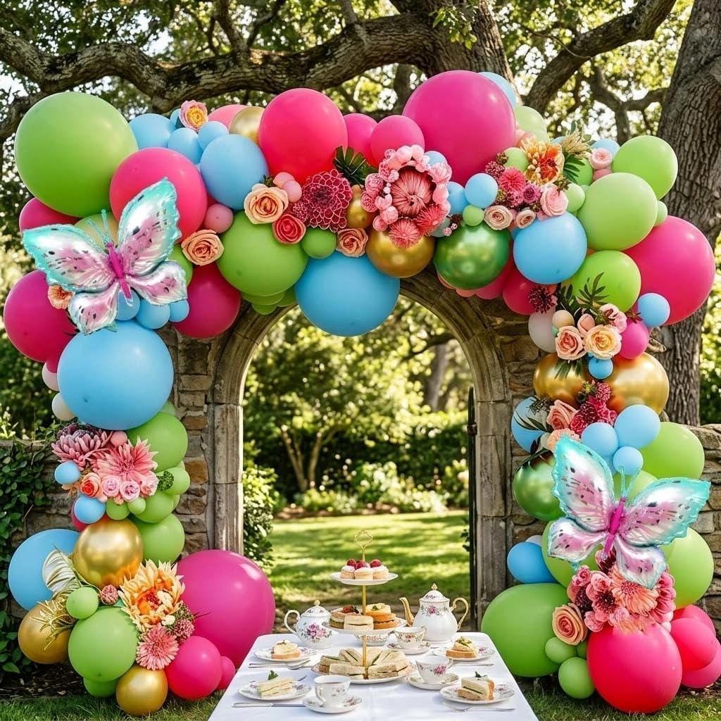 Tropical Butterfly Balloon Arch Kit | Hot Pink Blue Gold Garland for Luau Party Decor