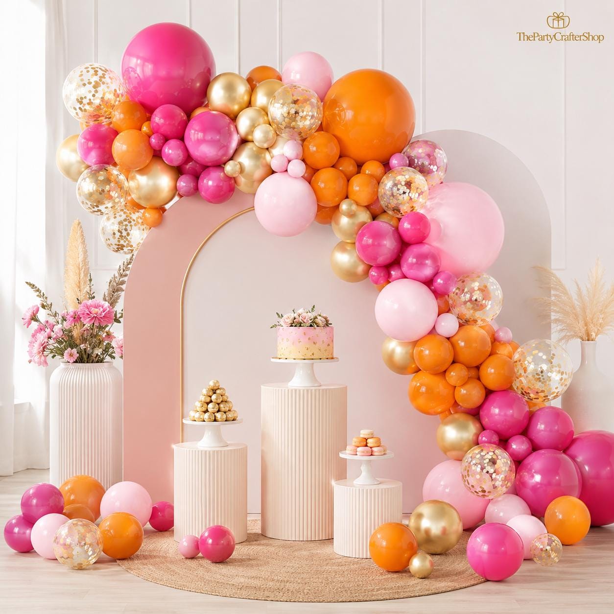 Pink Orange Balloon Arch Kit | Hot Pink Gold Confetti Garland for Birthday Baby Shower