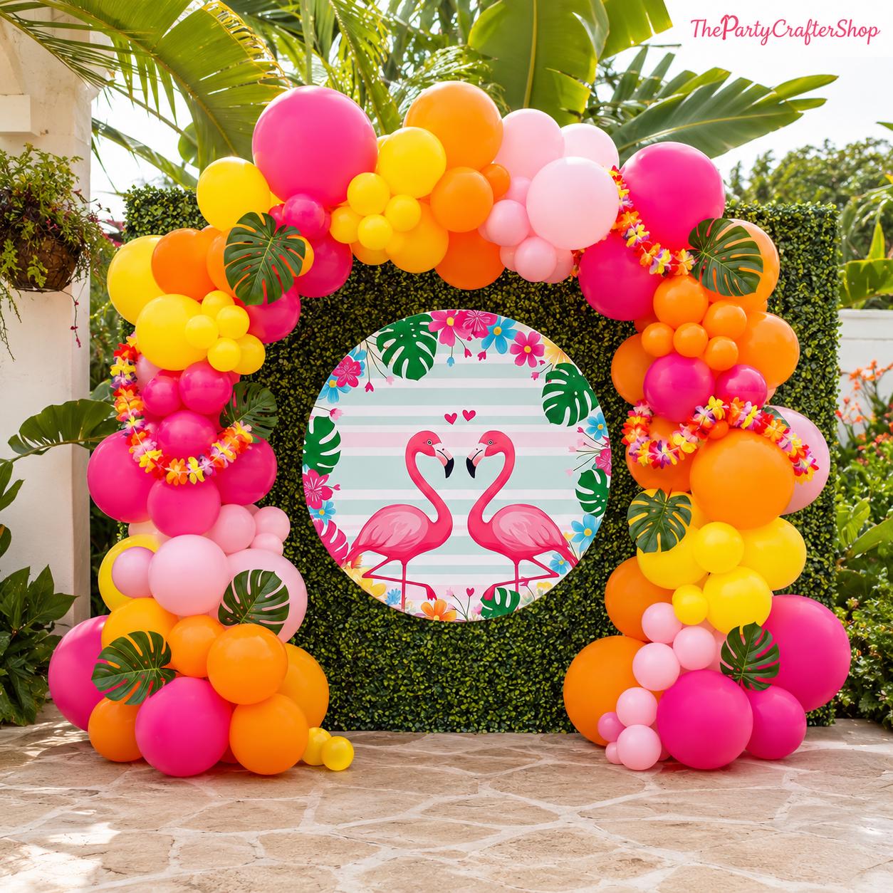 Tropical Balloon Arch Kit | Hot Pink, Yellow, Orange Luau Party Decor with Flamingos