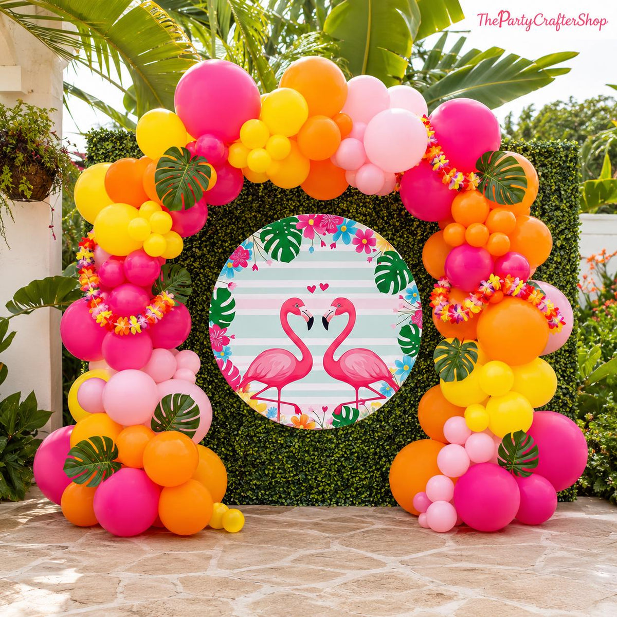 Tropical Balloon Arch Kit | Hot Pink, Yellow, Orange Luau Party Decor with Flamingos