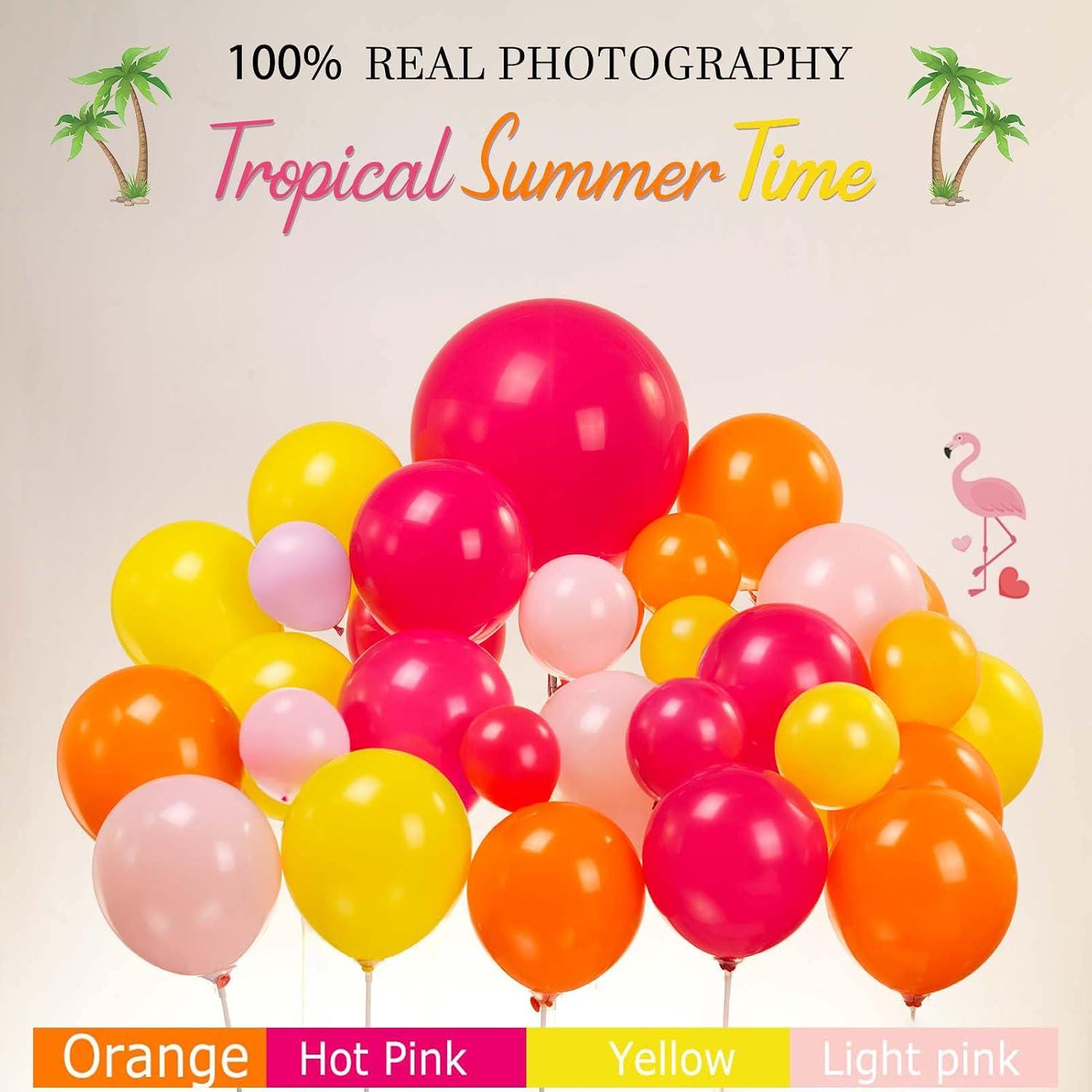Tropical Balloon Arch Kit | Hot Pink, Yellow, Orange Luau Party Decor with Flamingos