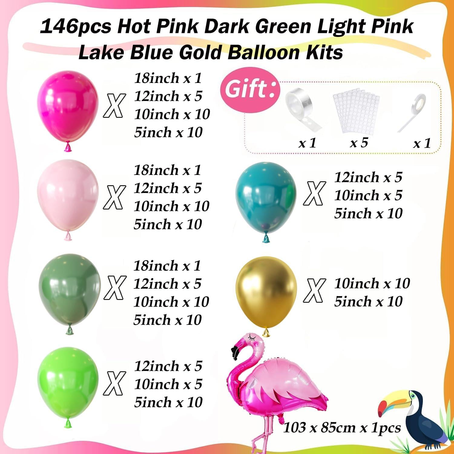 Tropical Flamingo Balloon Arch Kit | Hot Pink Green Gold Luau Party Decor