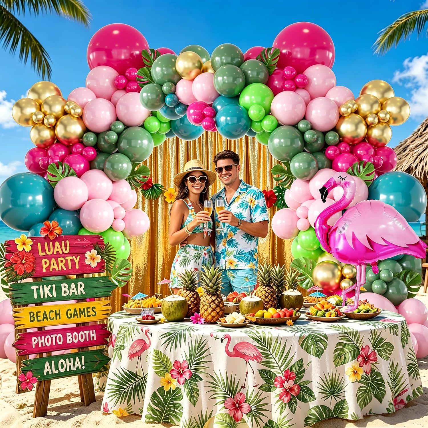 Tropical Flamingo Balloon Arch Kit | Hot Pink Green Gold Luau Party Decor
