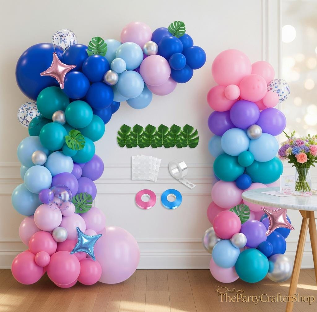 Tropical Balloon Arch Kit | Blue, Purple, Pink Summer Luau Garland with Palm Leaves, Stars
