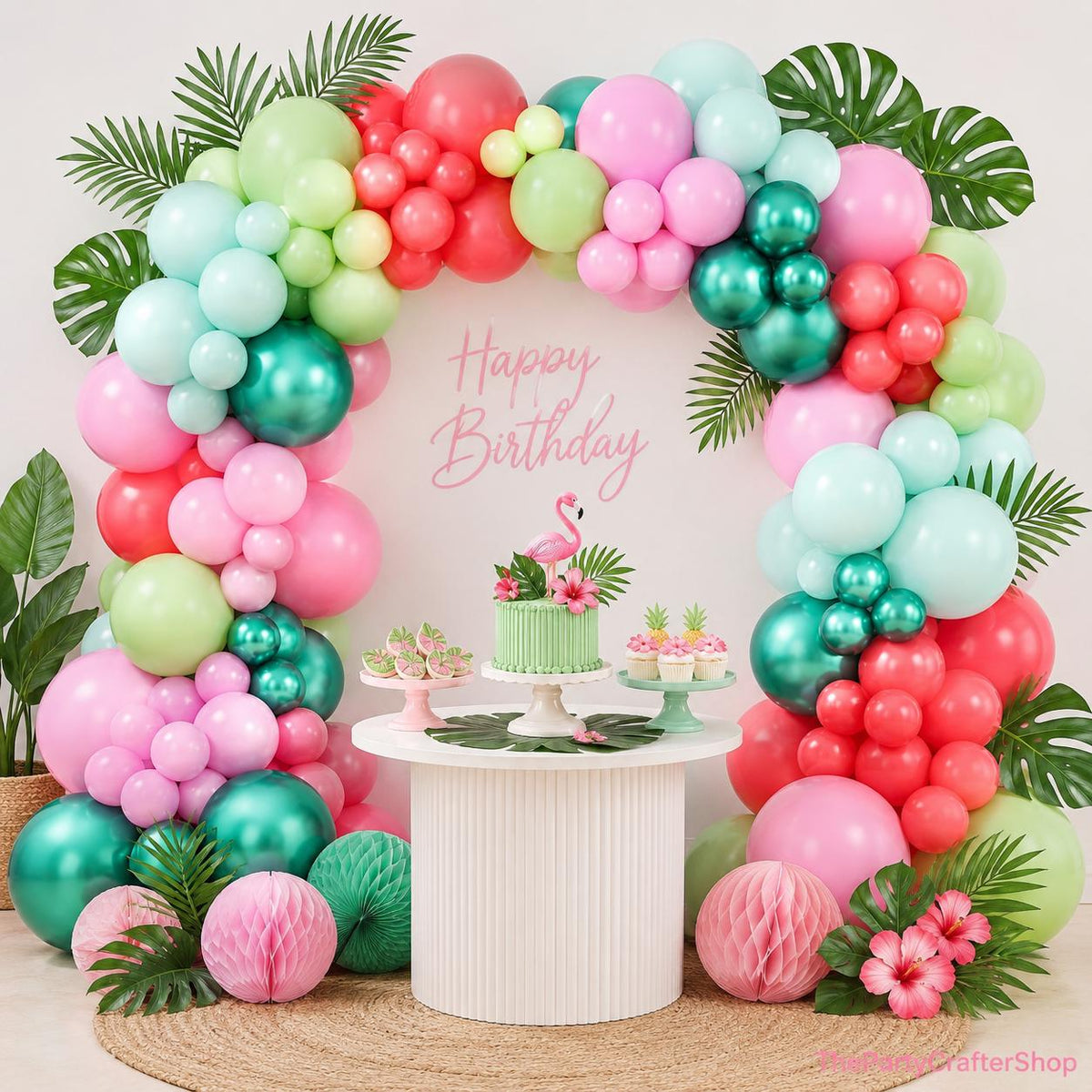 Pink Flamingo Balloon Arch Kit | Tropical Luau Decor, Olive Green, Pastel, Red Balloons