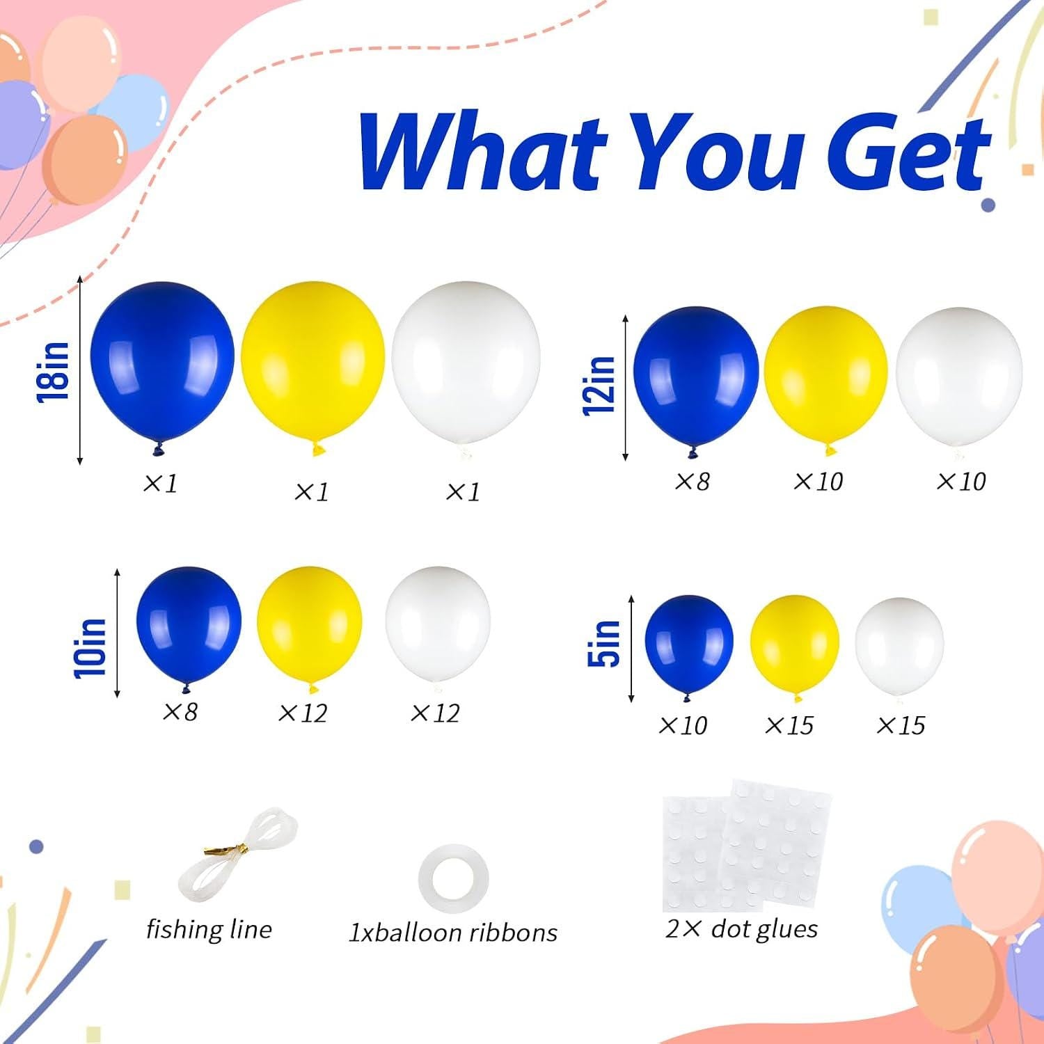 Blue Yellow Balloon Arch Kit | Royal Blue White Party Decor