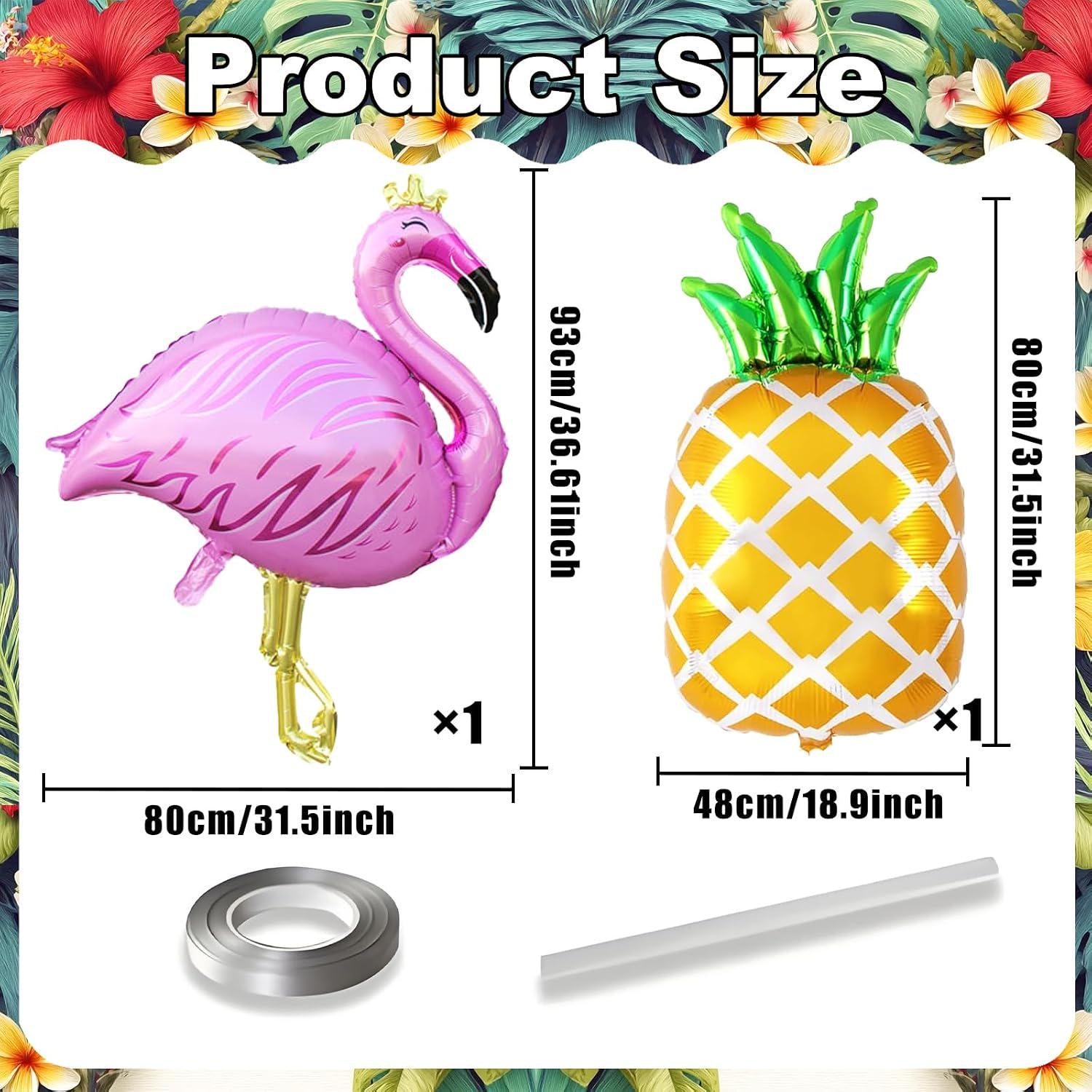 4pc Tropical Flamingo Pineapple Balloons | Hawaiian Luau Baby Shower Birthday Party Decorations
