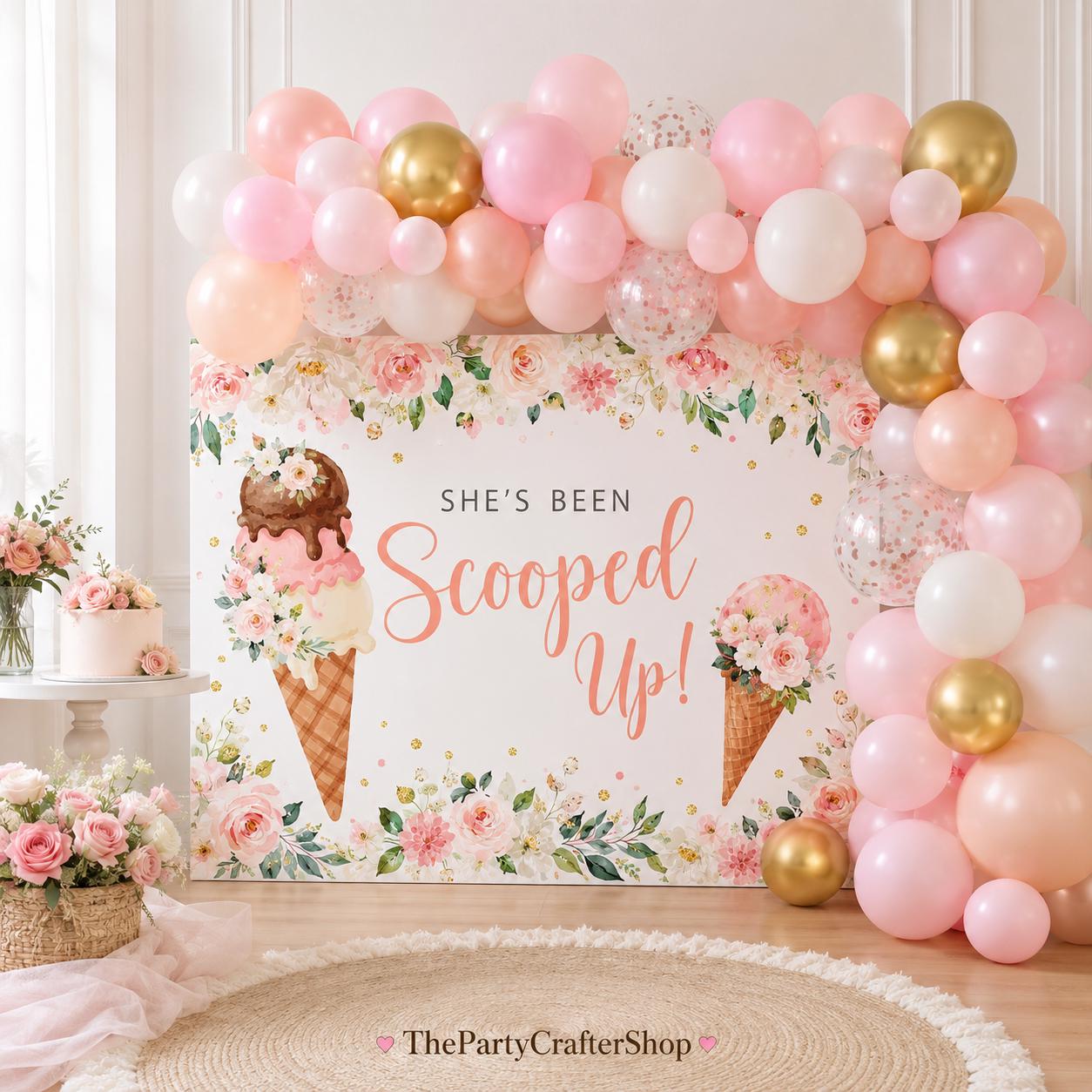Ice Cream Bridal Shower Backdrop | Floral Pink Gold Balloon Arch Decorations