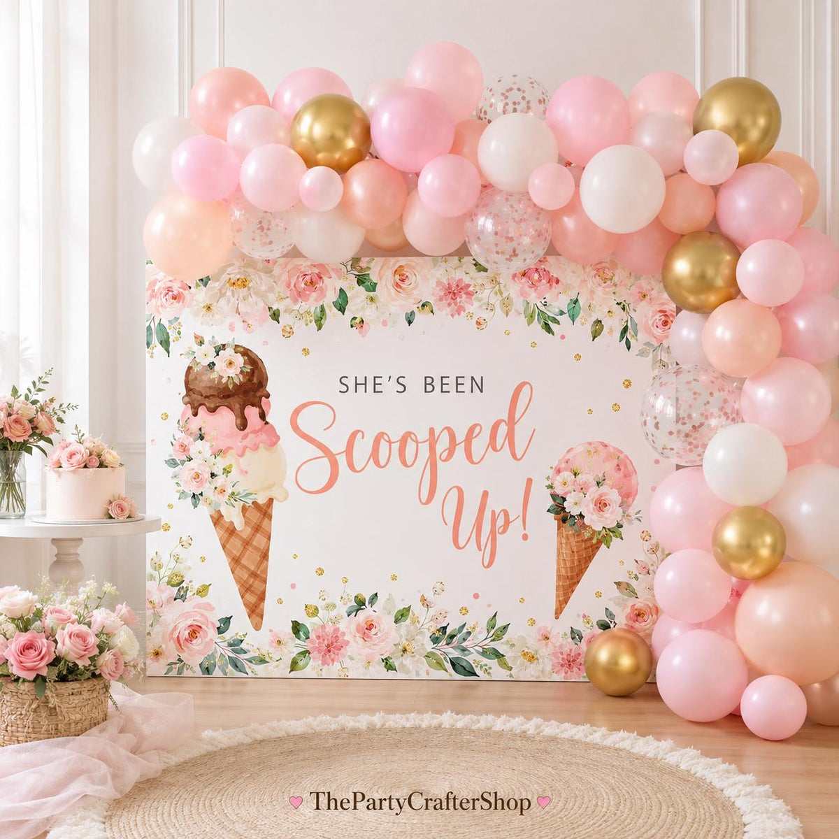 Ice Cream Bridal Shower Backdrop | Floral Pink Gold Balloon Arch Decorations