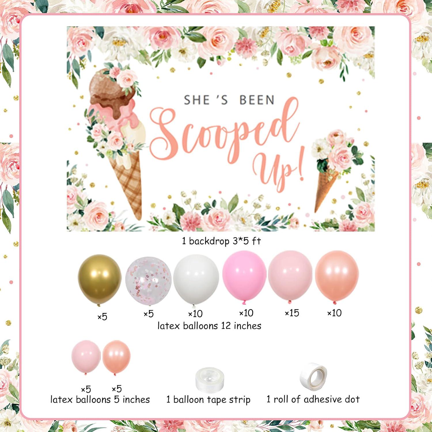 Ice Cream Bridal Shower Backdrop | Floral Pink Gold Balloon Arch Decorations