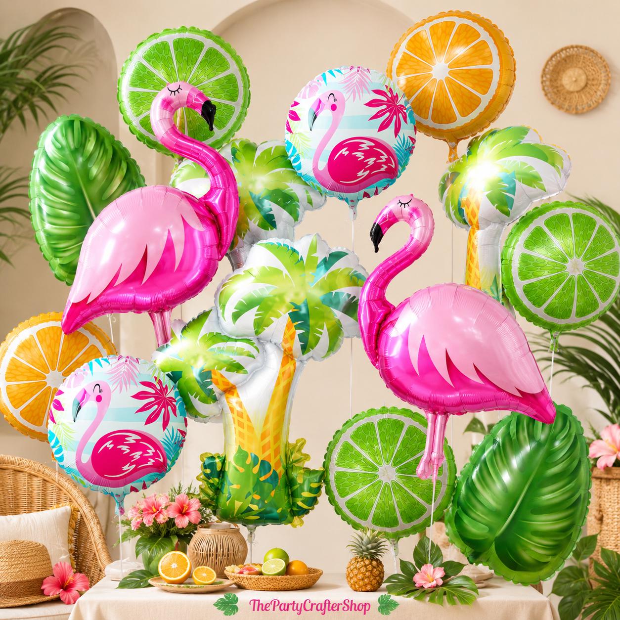 12pc Tropical Flamingo Palm Tree Foil Balloons | Luau Birthday Party Decor