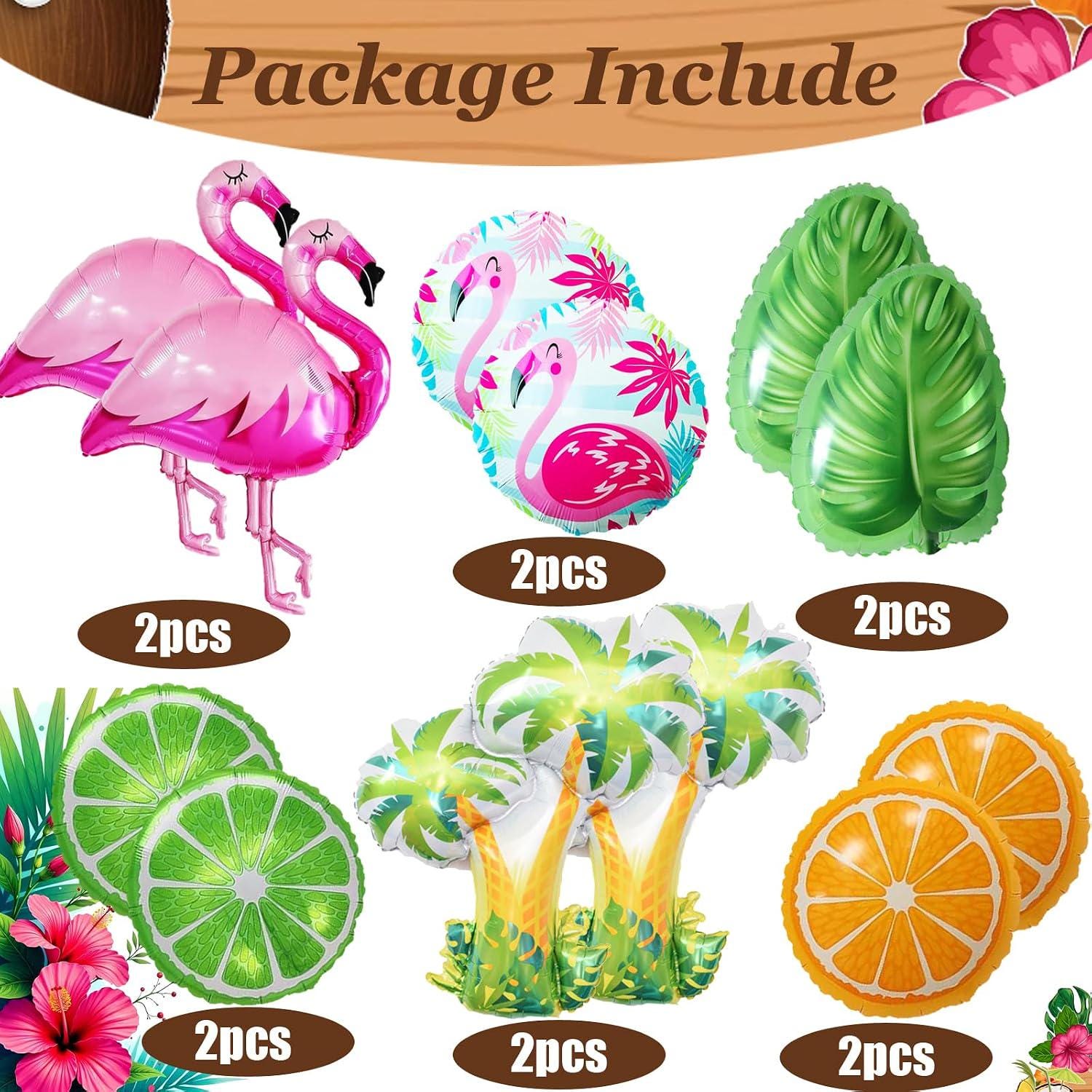 12pc Tropical Flamingo Palm Tree Foil Balloons | Luau Birthday Party Decor
