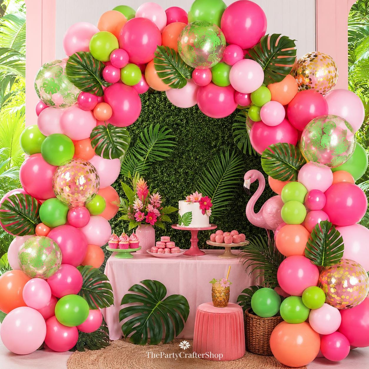 Tropical Balloon Arch Kit | Hawaiian Luau Party Decorations with Palm Leaves, Confetti