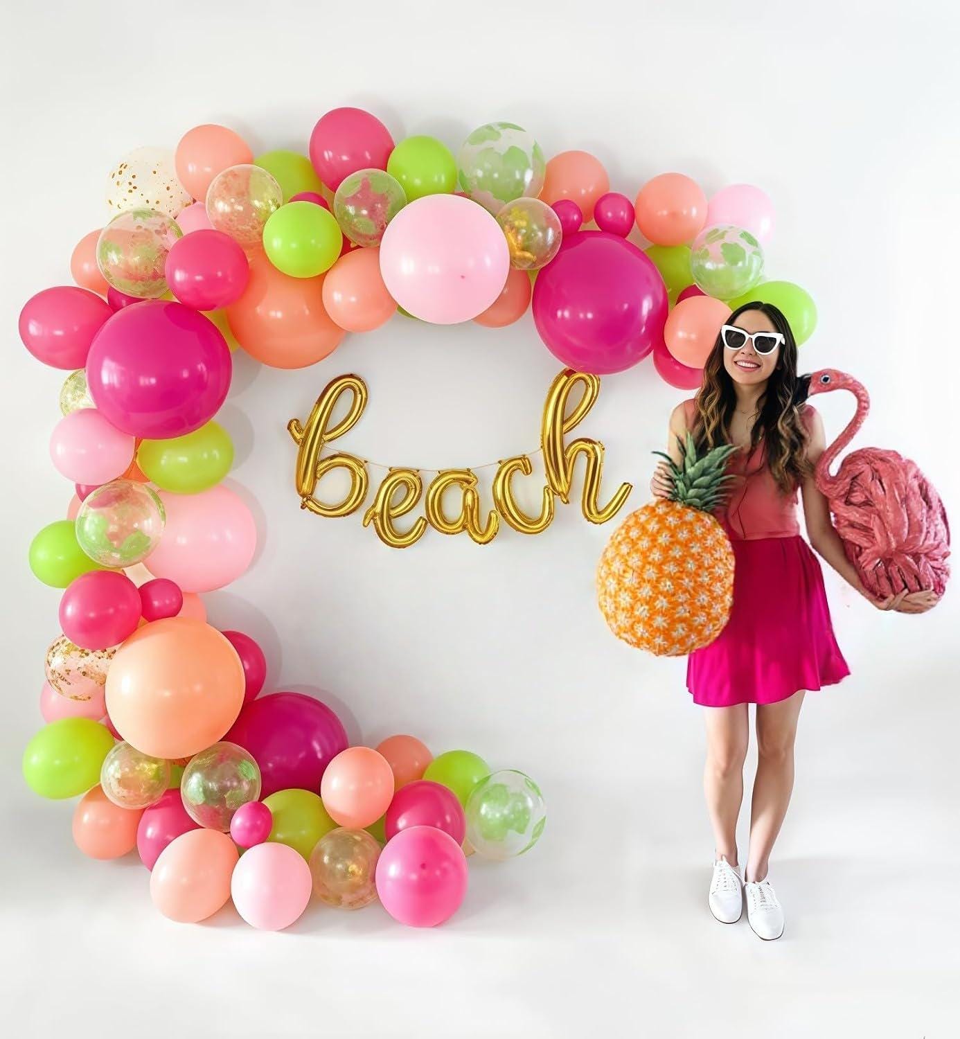 Tropical Balloon Arch Kit | Hawaiian Luau Party Decorations with Palm Leaves, Confetti