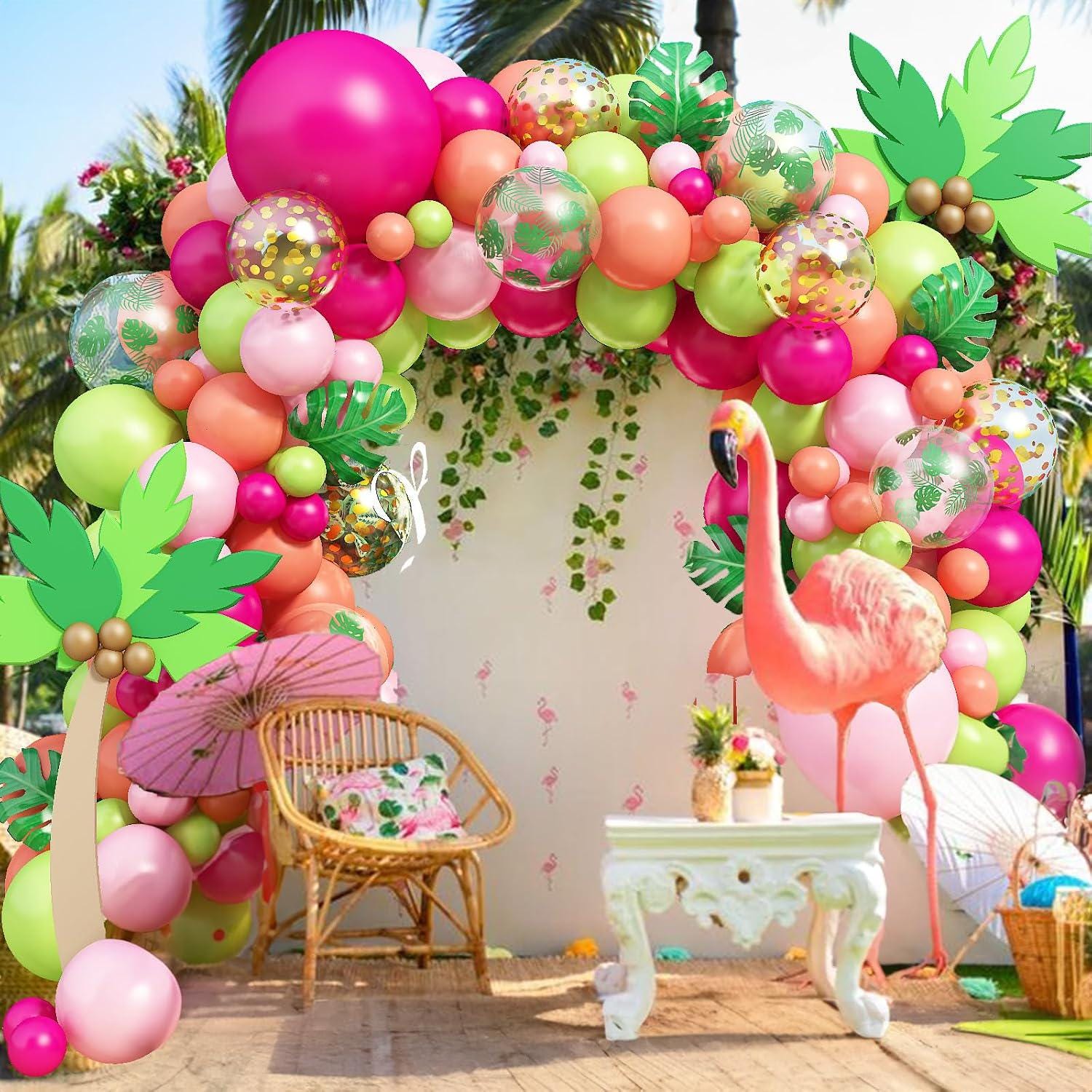 Tropical Balloon Arch Kit | Hawaiian Luau Party Decorations with Palm Leaves, Confetti