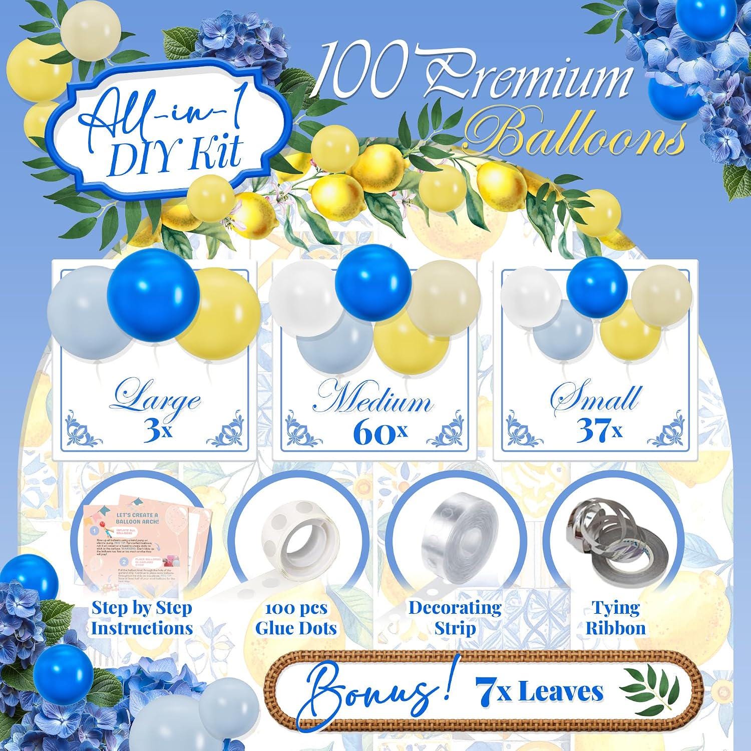 Blue Yellow Lemon Balloon Arch Kit | Amalfi Coast Party Decor, Citrus Balloons, Leaves