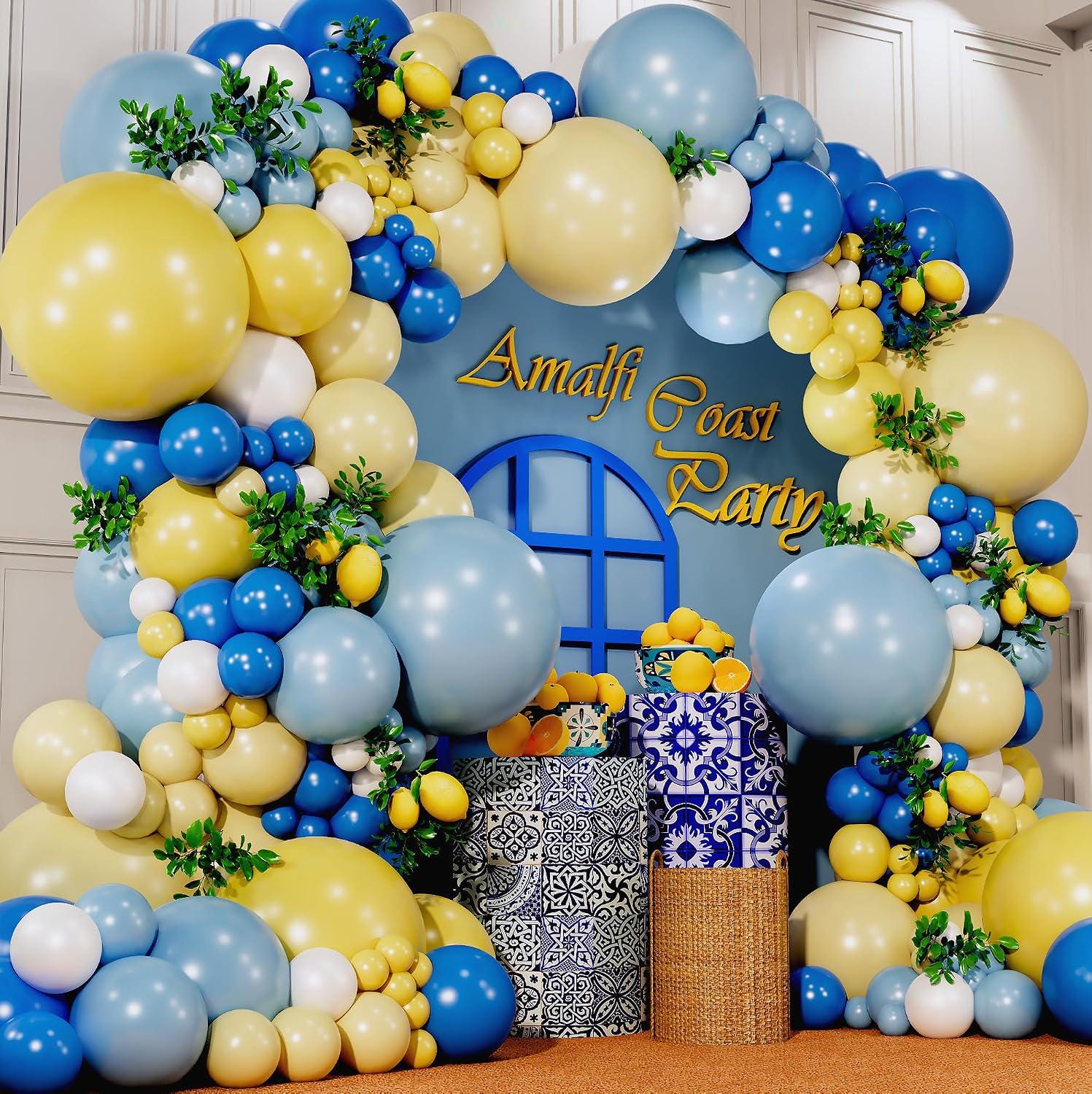 Blue Yellow Lemon Balloon Arch Kit | Amalfi Coast Party Decor, Citrus Balloons, Leaves
