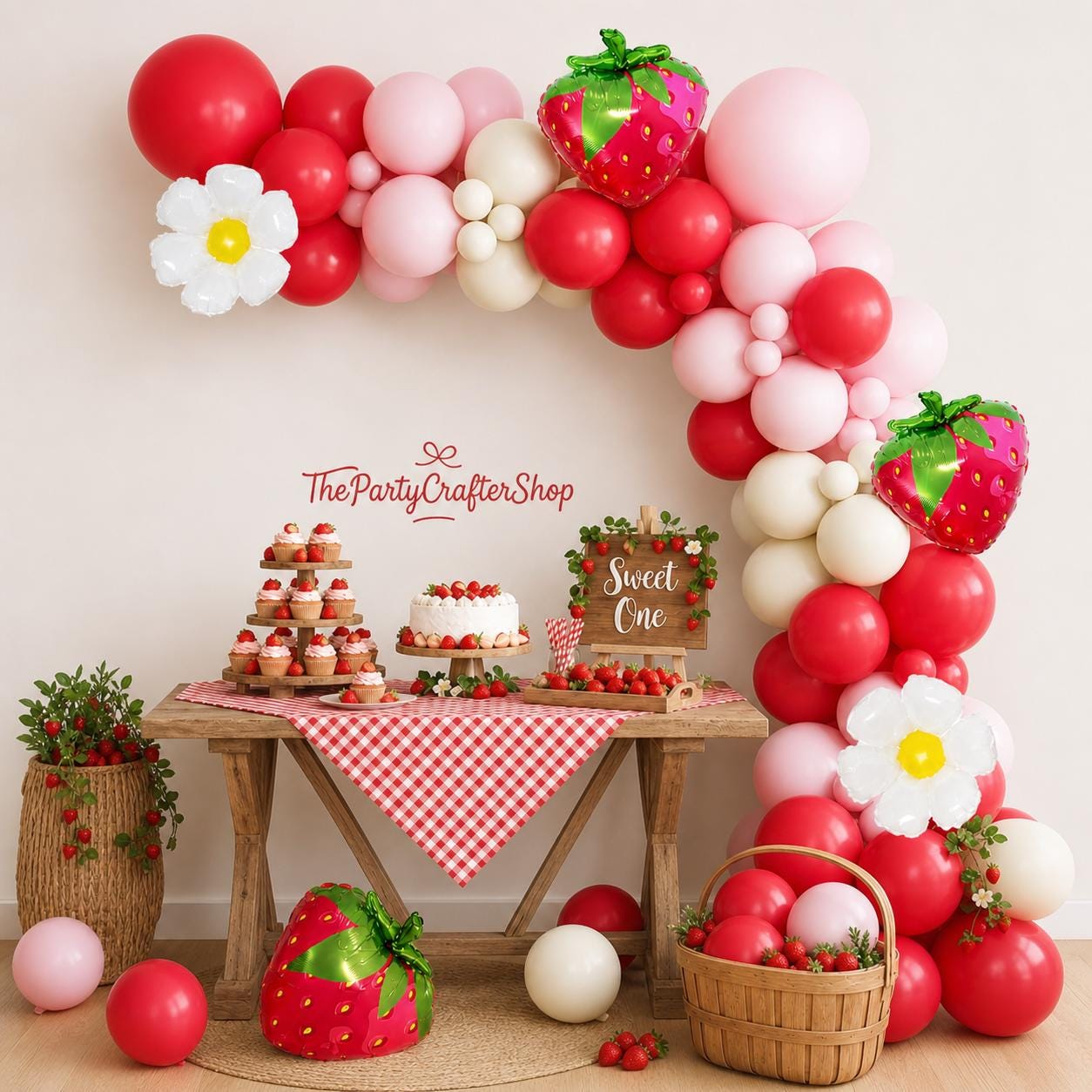 Strawberry Balloon Arch Kit | Red Pink Daisy Garland for Berry First Birthday Party Decor