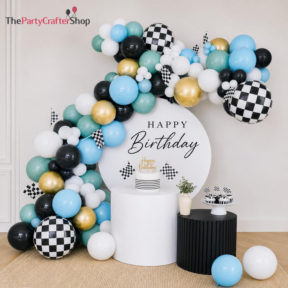 Retro Race Car Balloon Garland Kit | Green, Blue, Black, White, Gold Balloons, Checkered Flags