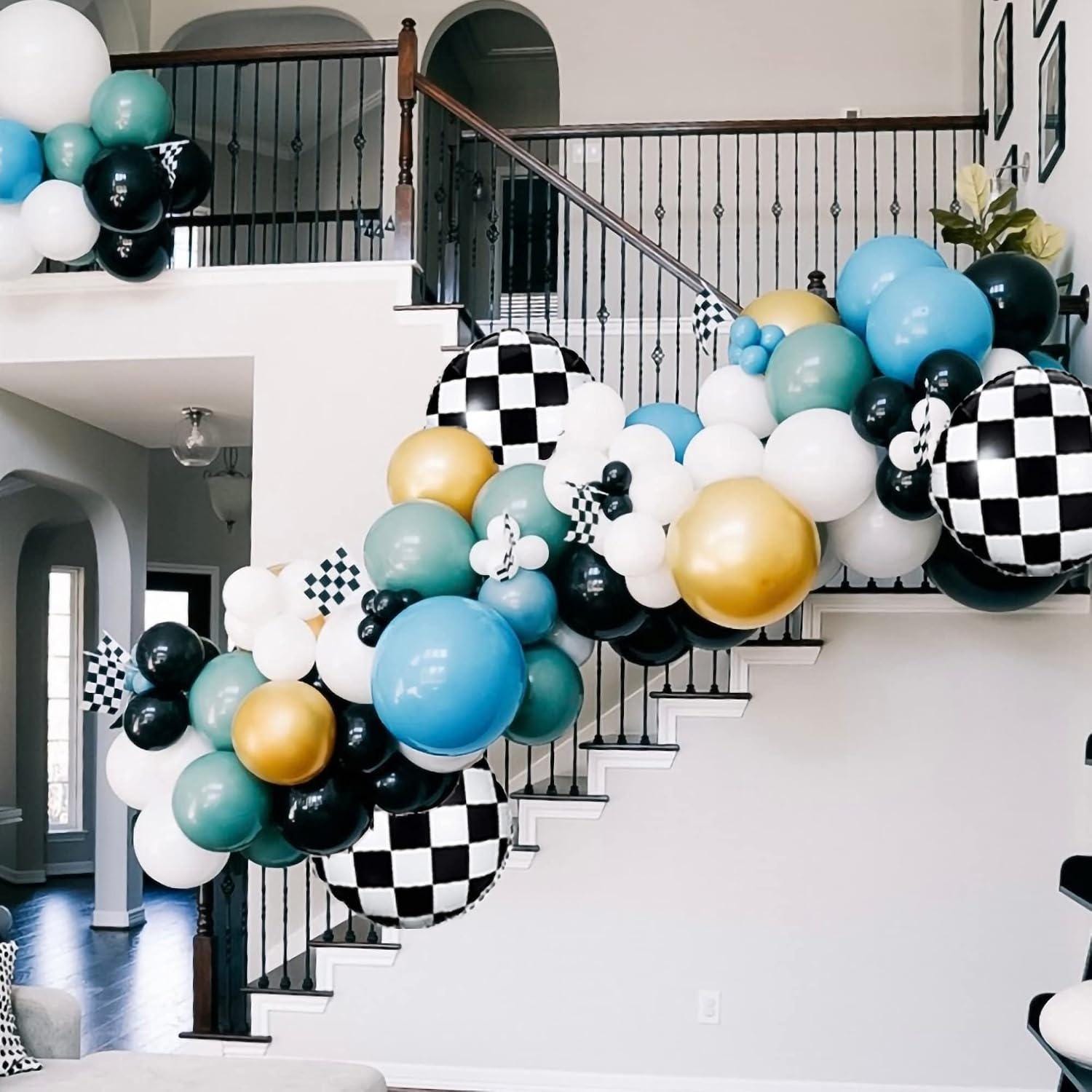 Retro Race Car Balloon Garland Kit | Green, Blue, Black, White, Gold Balloons, Checkered Flags