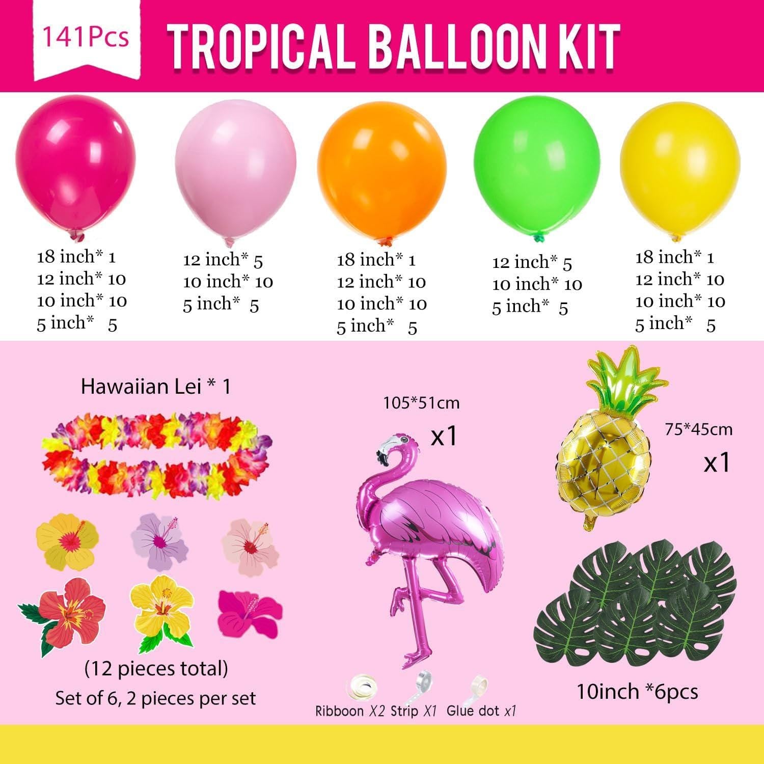 Tropical Balloon Arch Kit | Hot Pink Yellow Orange Luau Garland, Flamingo Pool Party Decor