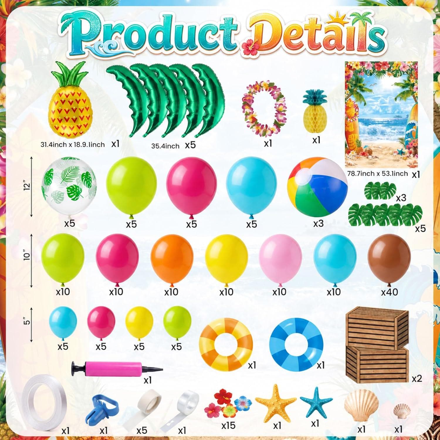Hawaiian Tropical Balloon Arch Kit, Beach Party Backdrop, Summer Luau Decor