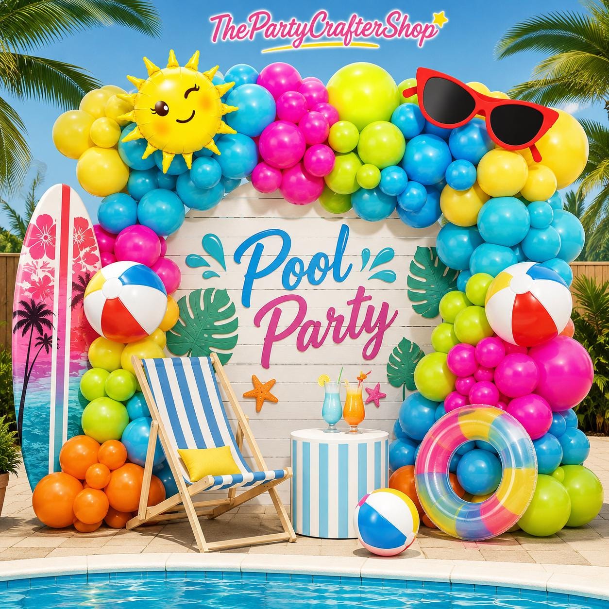 127pc Summer Pool Party Balloon Arch Kit | Tropical Hawaiian Garland, Beach Ball, Sun Balloons