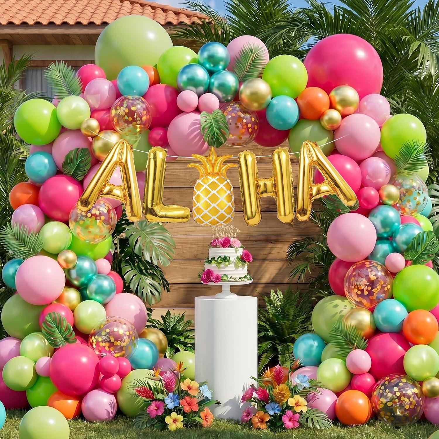 Tropical Balloon Arch Kit | Olive, Hot Pink, Orange, Rose Gold Garland | Aloha Party Decor