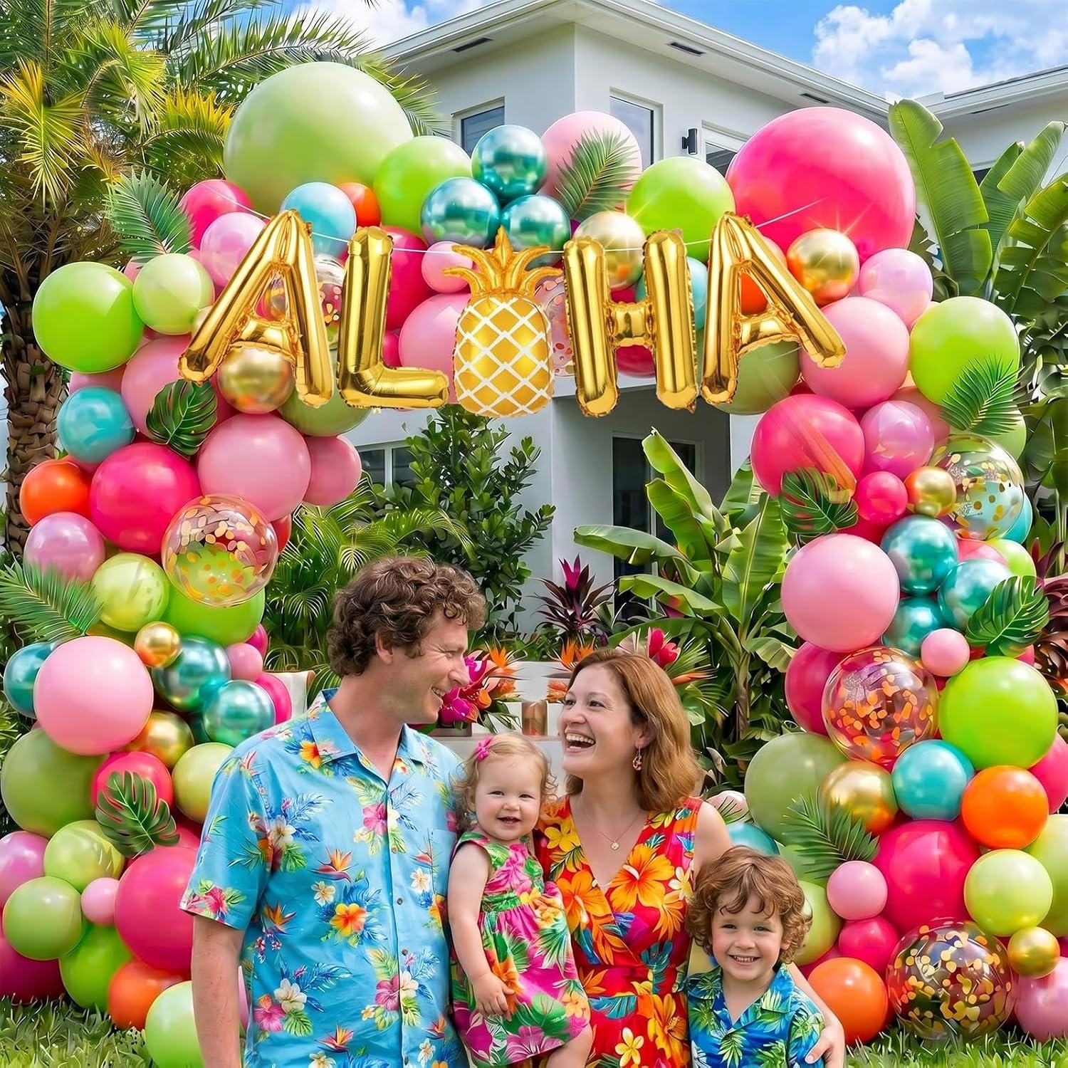 Tropical Balloon Arch Kit | Olive, Hot Pink, Orange, Rose Gold Garland | Aloha Party Decor